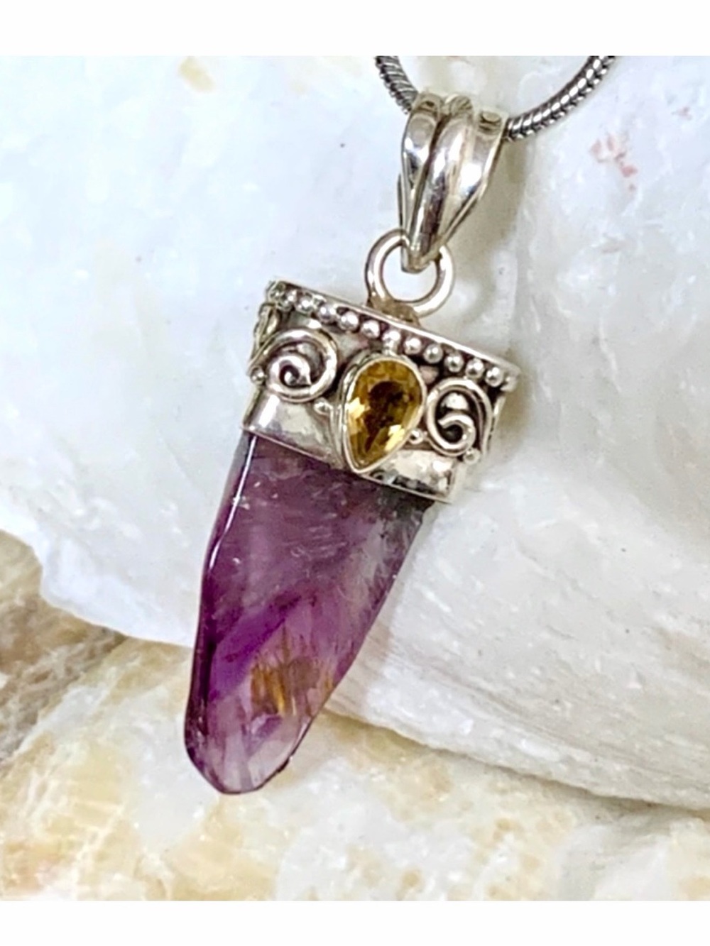 Super Seven Cacoxenite & Citrine Healing Crystal Sterling Silver Pendant